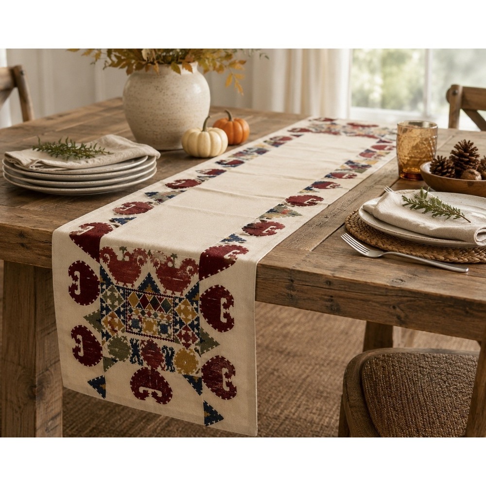 Pottery Barn Table Runner 20"X108" Cream Embroidered Autumn Fall Thanksgiving